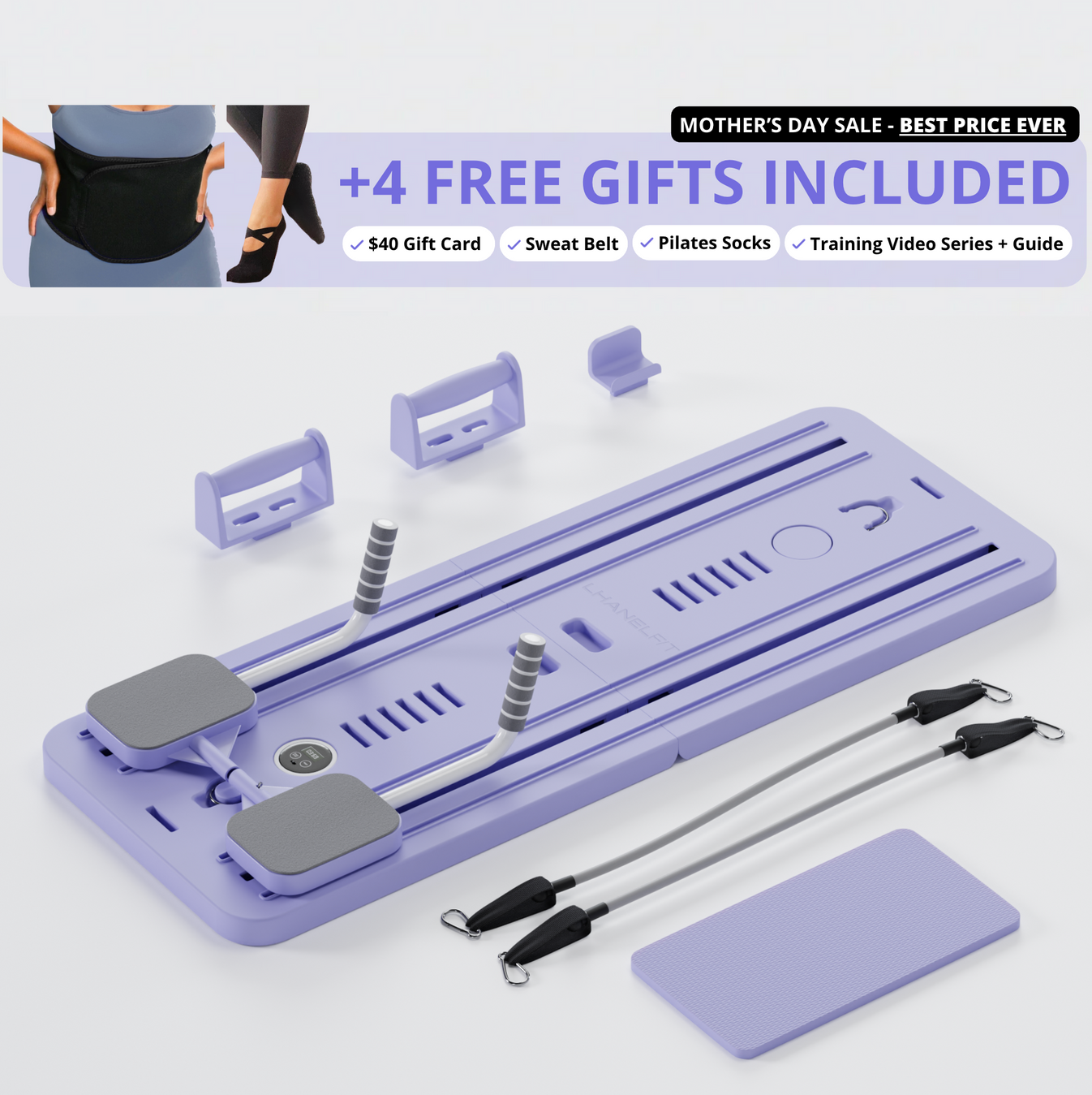 Planche Pilates Maksone 6-en-1, Kit Reformer Pliable Avec élastiques, Violet